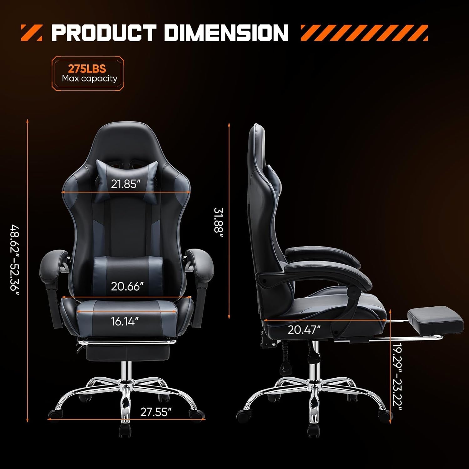 Video Game Desk Chair - Ergonomic Computer with Footrest and Comfy Lumbar Support, PU Leather Recliner with Headrest, Fixed up Armrest, Height Adjustable with 360° Swivel, for Adults, Grey-2