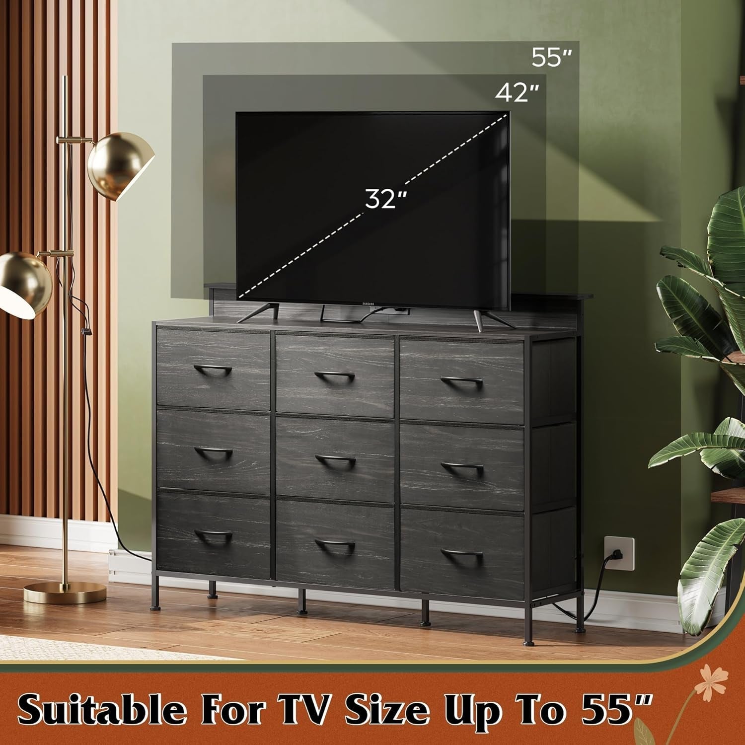 Dresser TV Stand for 55 Inch, Led Dresser for Bedroom, Black Dressers for Bedroom with LED Lights and Charging Station, Chest of Drawers, 9 Fabric Dresser Drawers, Wood Top, Living Room, Closet - Crunk’s Collection