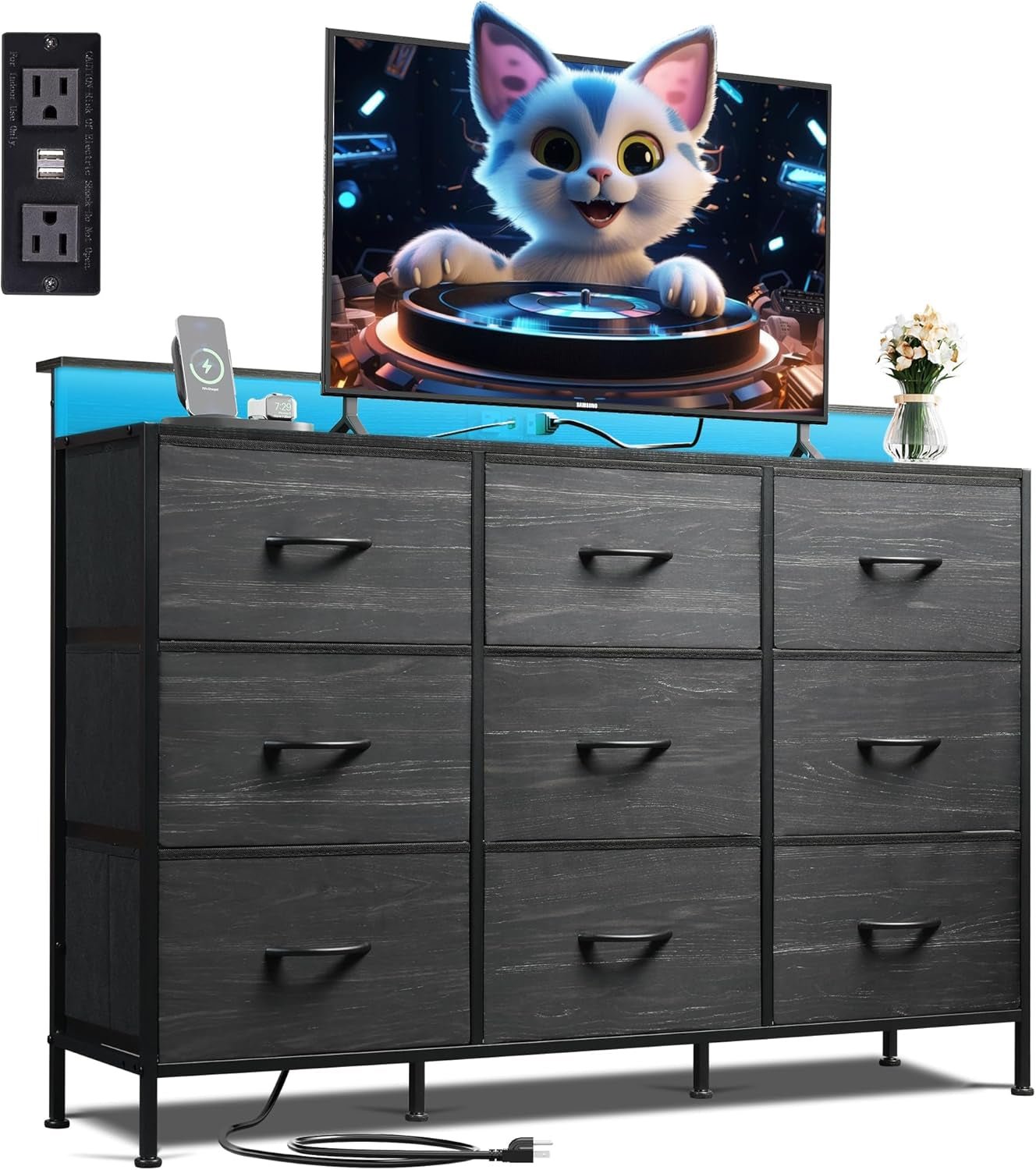 Dresser TV Stand for 55 Inch, Led Dresser for Bedroom, Black Dressers for Bedroom with LED Lights and Charging Station, Chest of Drawers, 9 Fabric Dresser Drawers, Wood Top, Living Room, Closet - Crunk’s Collection