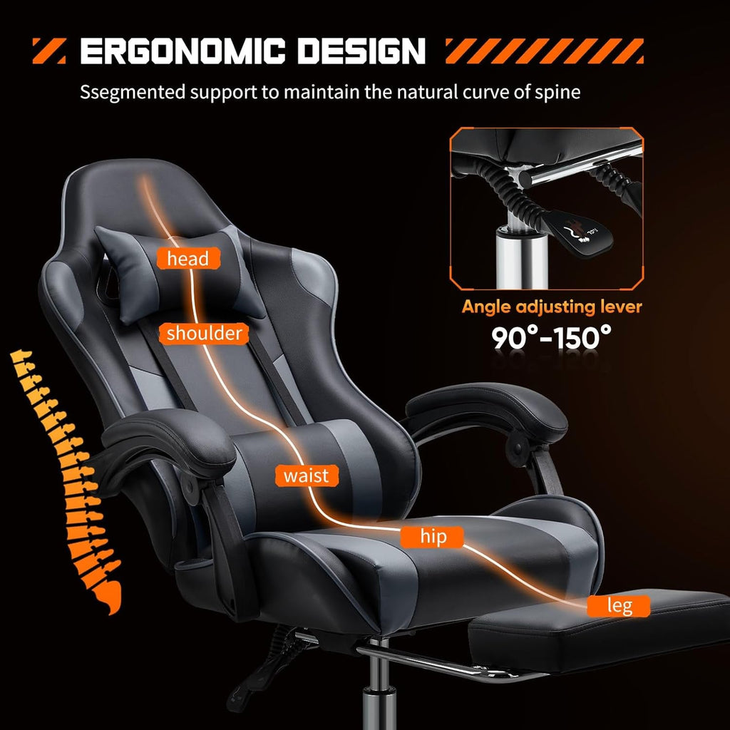 Video Game Desk Chair - Ergonomic Computer with Footrest and Comfy Lumbar Support, PU Leather Recliner with Headrest, Fixed up Armrest, Height Adjustable with 360° Swivel, for Adults, Grey-3