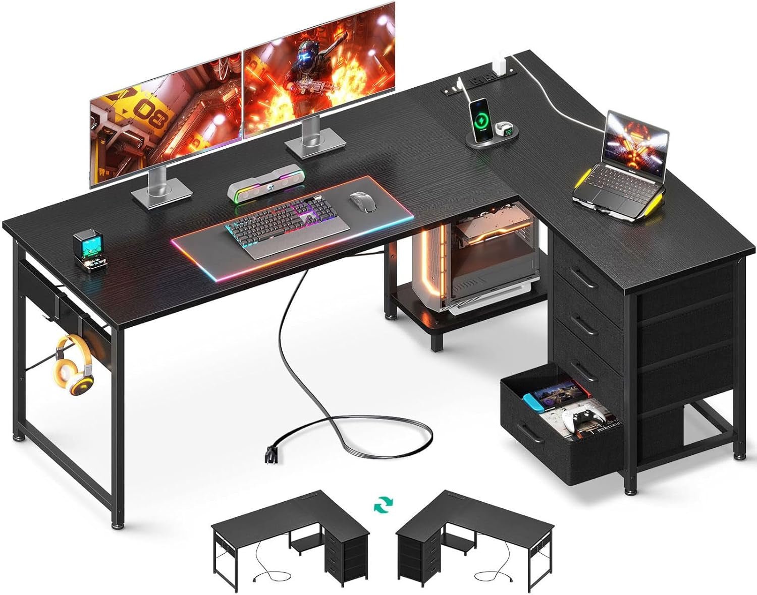 L Shaped Gaming Desk with 4 Drawers, 61" Reversible Home Office Desks with Power Outlets, L Shaped Computer Desk with USB Charging Port and Host Stand, Corner Desk, Easy to Assemble, Black-0