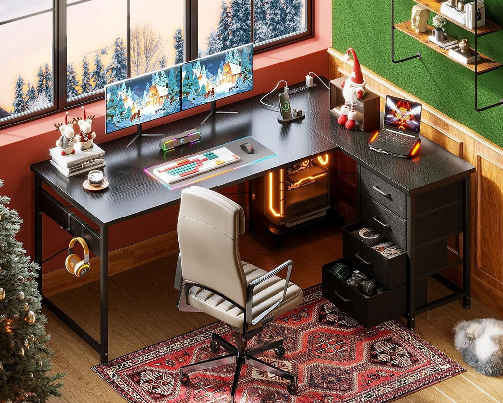 L Shaped Gaming Desk with 4 Drawers, 61" Reversible Home Office Desks with Power Outlets, L Shaped Computer Desk with USB Charging Port and Host Stand, Corner Desk, Easy to Assemble, Black-1